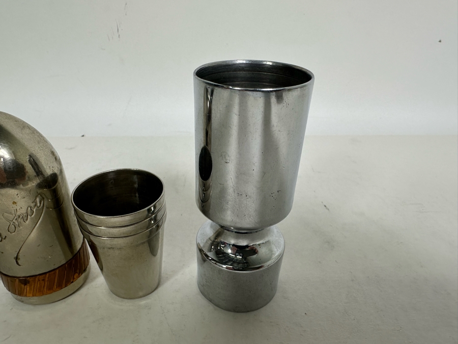 Vintage Chase Chrome Art Deco Barware Jigger Ice Hammer Bottle Opener, Bullet Shaped Take A Shot With Five Shot Glasses And Chrome Barware Jigger [Photo 7]