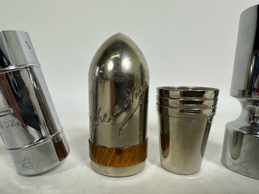 Vintage Chase Chrome Art Deco Barware Jigger Ice Hammer Bottle Opener, Bullet Shaped Take A Shot With Five Shot Glasses And Chrome Barware Jigger [Photo 4]