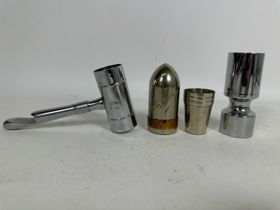 Vintage Chase Chrome Art Deco Barware Jigger Ice Hammer Bottle Opener, Bullet Shaped Take A Shot With Five Shot Glasses And Chrome Barware Jigger [Photo 3]