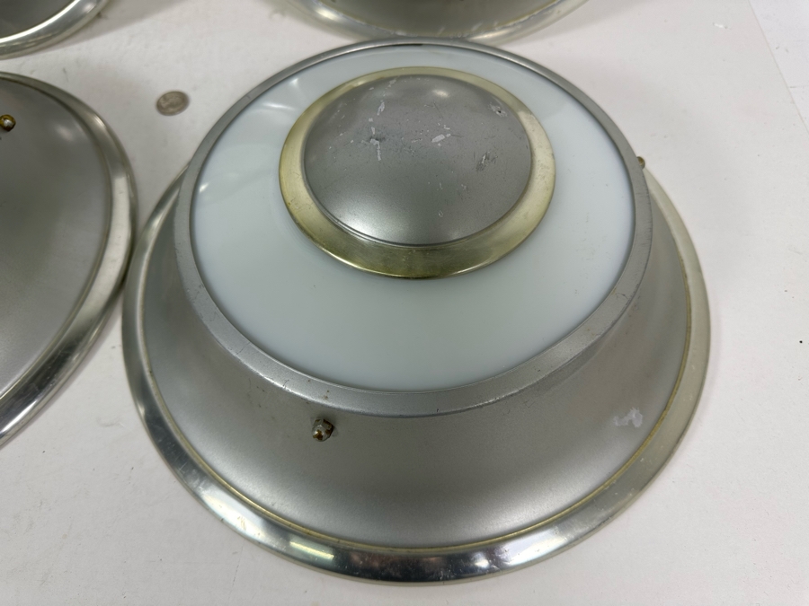 Four Art Deco Aluminum / Glass Light Fixture Shades (One Has Broken Glass) 14W X 4.5H [Photo 5]