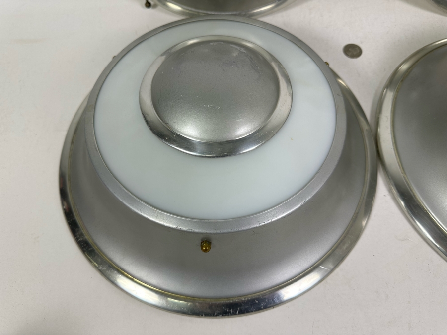 Four Art Deco Aluminum / Glass Light Fixture Shades (One Has Broken Glass) 14W X 4.5H [Photo 4]