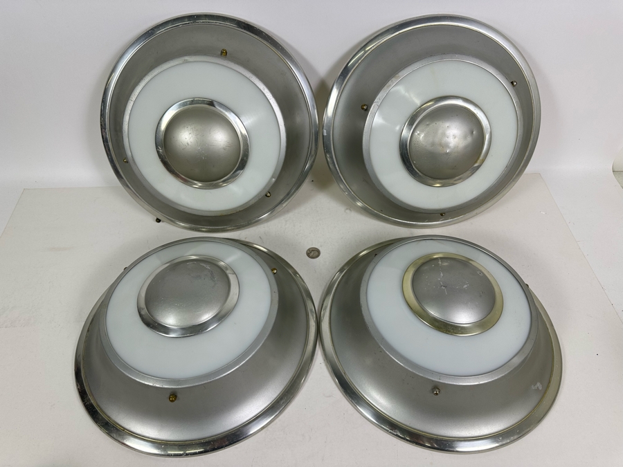 Four Art Deco Aluminum / Glass Light Fixture Shades (One Has Broken Glass) 14W X 4.5H [Photo 3]