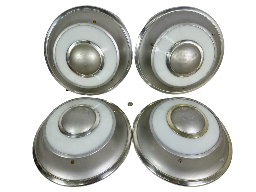 Four Art Deco Aluminum / Glass Light Fixture Shades (One Has Broken Glass) 14W X 4.5H