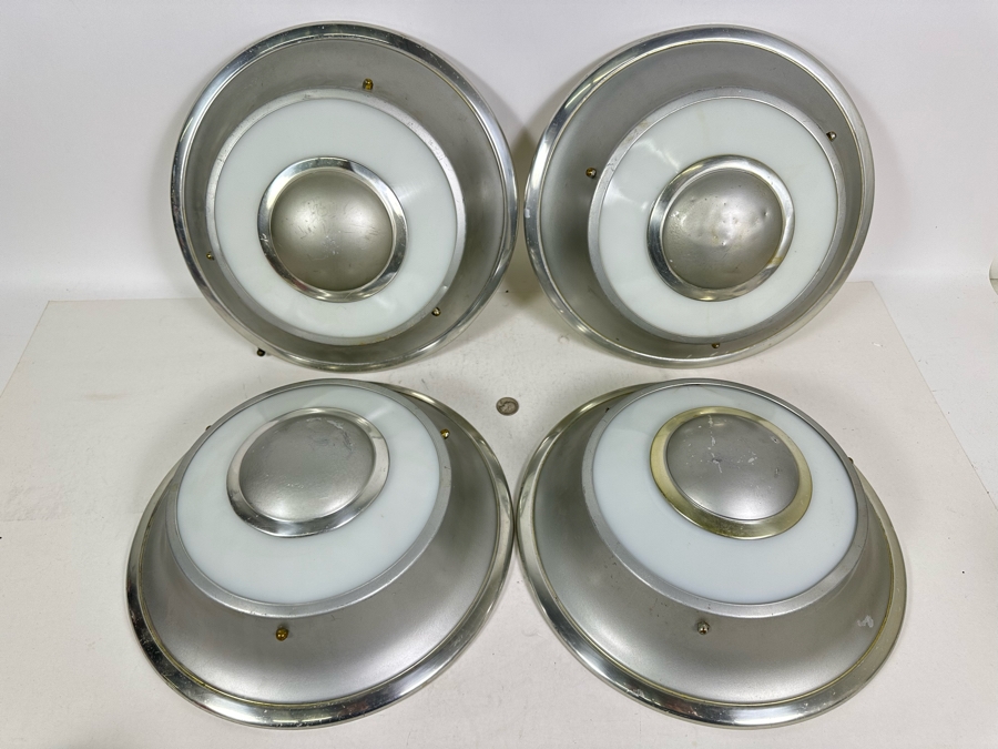 Four Art Deco Aluminum / Glass Light Fixture Shades (One Has Broken Glass) 14W X 4.5H [Photo 2]