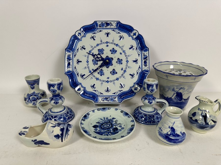 Collection Of Delft Blue Hand Painted Pieces Including Clock (Clock Starts But Eventually Stops) - See Photos [Photo 3]