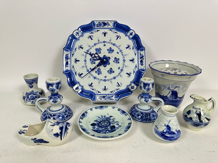 Collection Of Delft Blue Hand Painted Pieces Including Clock (Clock Starts But Eventually Stops) - See Photos [Photo 2]