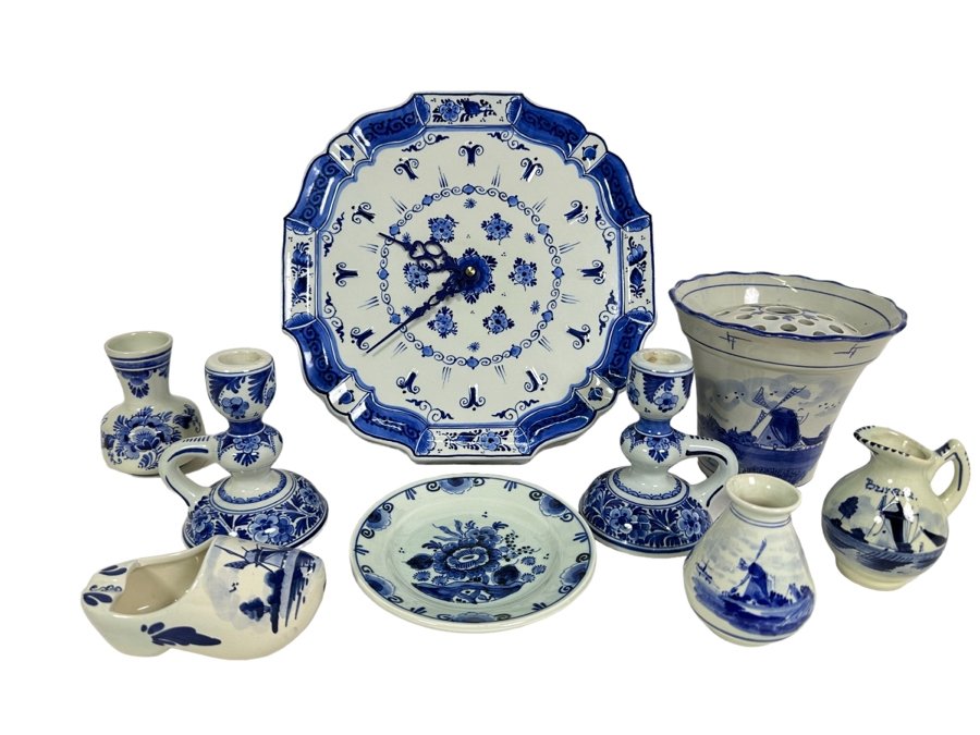 Collection Of Delft Blue Hand Painted Pieces Including Clock (Clock Starts But Eventually Stops) - See Photos [Photo 1]