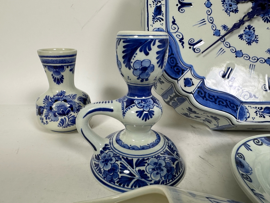 Collection Of Delft Blue Hand Painted Pieces Including Clock (Clock Starts But Eventually Stops) - See Photos [Photo 11]