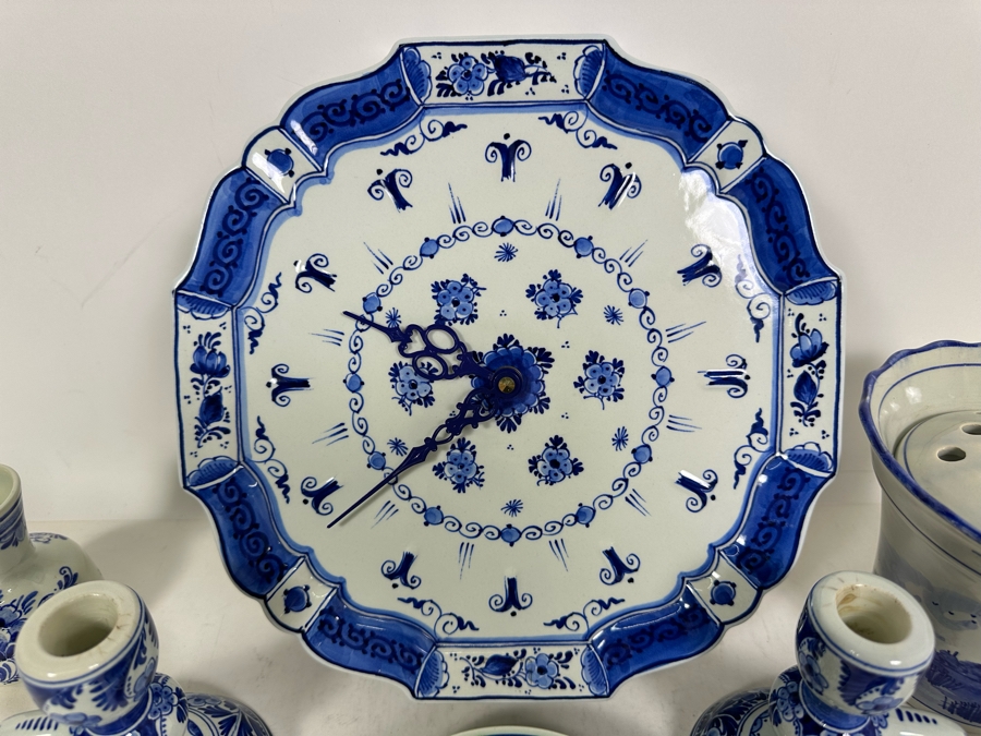 Collection Of Delft Blue Hand Painted Pieces Including Clock (Clock Starts But Eventually Stops) - See Photos [Photo 12]