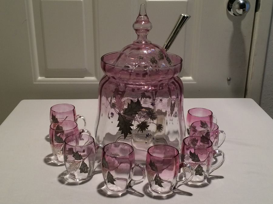 Victorian Hand Painted Amethyst Glass Punch Bowl and Cups [Photo 4]