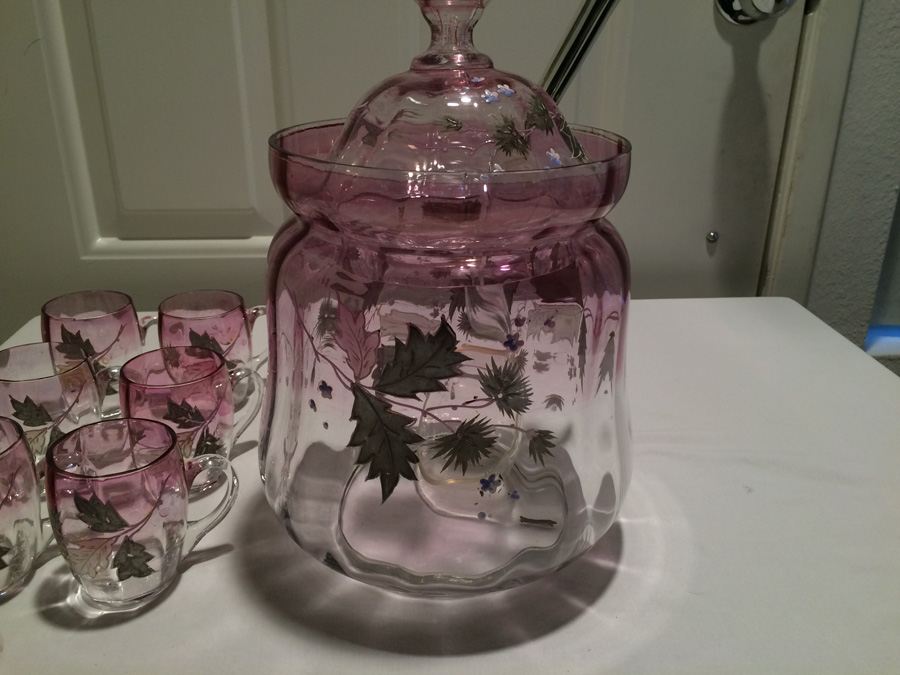 Victorian Hand Painted Amethyst Glass Punch Bowl and Cups [Photo 5]