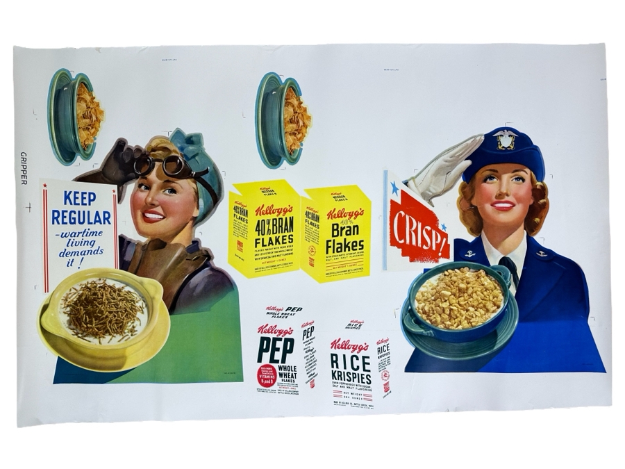 Vintage 1940s Kellogg's Cereal Armed Forces Poster 31 X 20