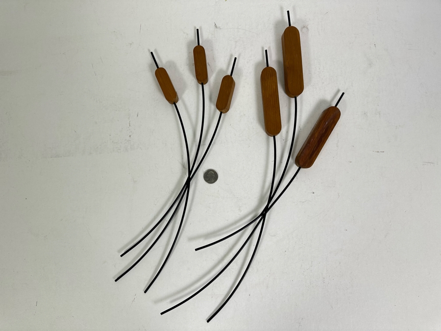 Pair Of Mid-Century Metal And Wood Cattail Wall Artwork 21L [Photo 2]