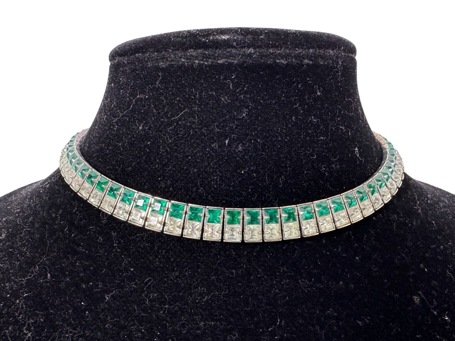 Vintage Costume Jewelry Lot: Choker Necklace 14L With Matching Bracelet 7L (Bottom), Trifari Costume Necklace (Upper Left) And Pair Of Costume Pins Brooches (Upper Right) [Photo 2]