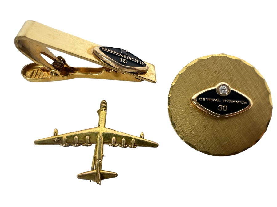 Vintage Gold-Filled General Dynamics 30 Year Employee Pin / Pendant, Gold-Filled General Dynamics 15 Year Employee Tie Clip And Gold-Filled Aerospace Pin
