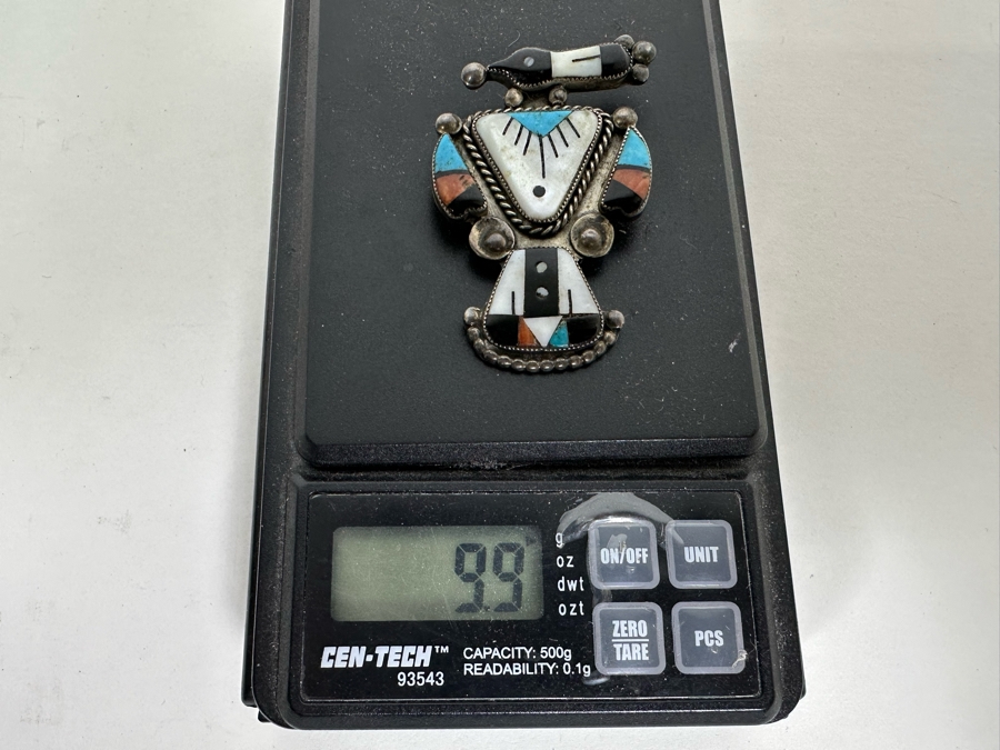 Native American Sterling Silver With Inlaid Stones Brooch Pin 9.9g [Photo 4]