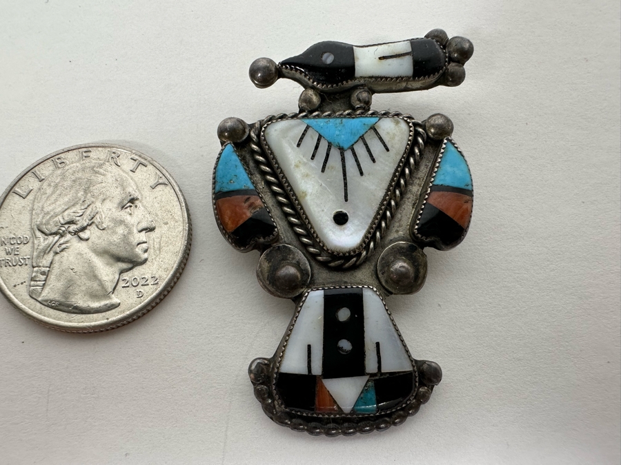 Native American Sterling Silver With Inlaid Stones Brooch Pin 9.9g [Photo 2]