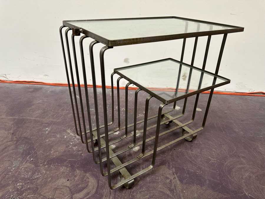 Art Deco Style Metal 3-Tier Side Table With Glass 22W X 14D X 21.5H