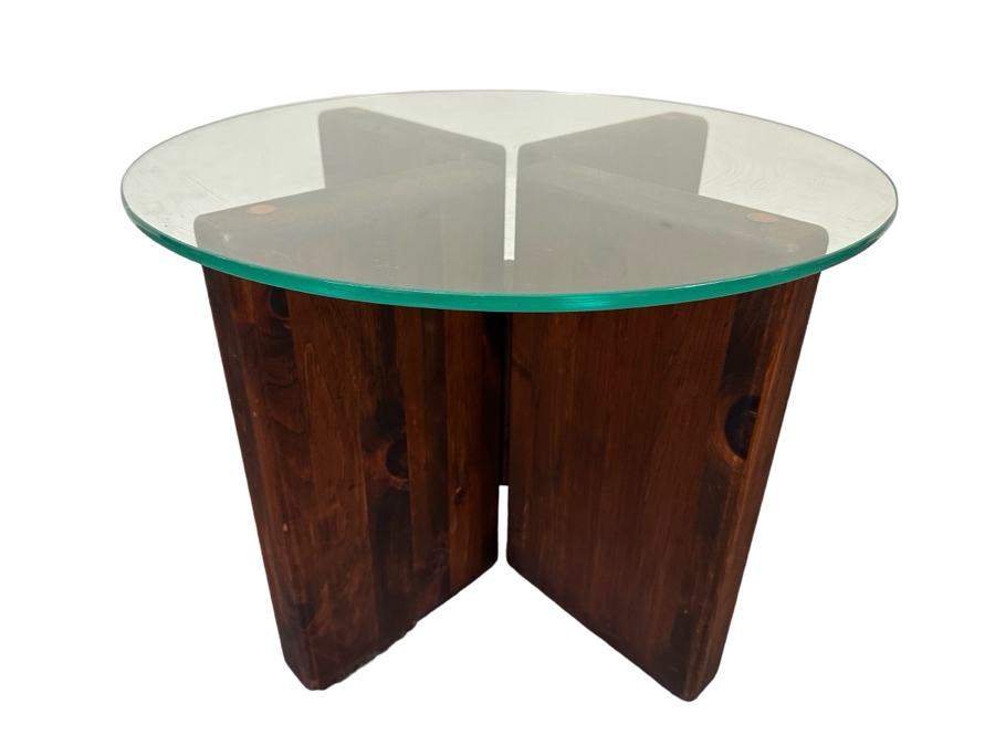 Wooden Base Side Table With Round Glass Top 24R X 18H