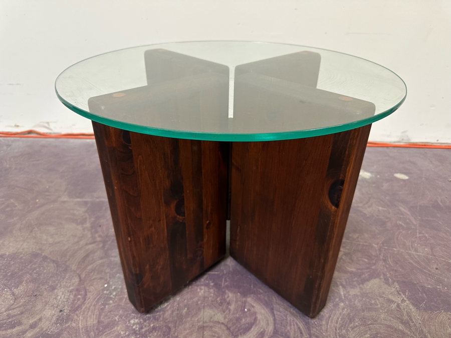 Wooden Base Side Table With Round Glass Top 24R X 18H [Photo 2]