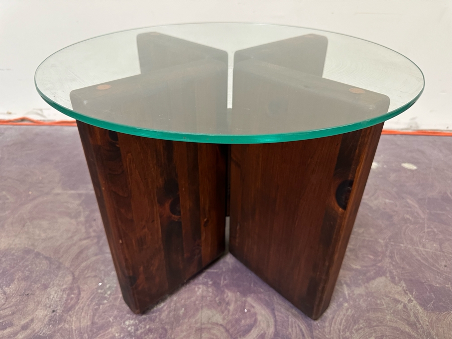 Wooden Base Side Table With Round Glass Top 24R X 18H [Photo 3]
