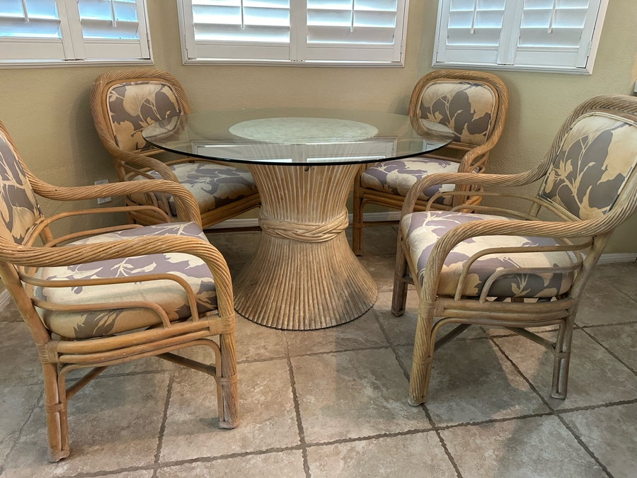 McGuire Style Sheaf Of Wheat Rattan Dining Table Base With Glass Top 48R And Four Matching chairs (need reupholstering)