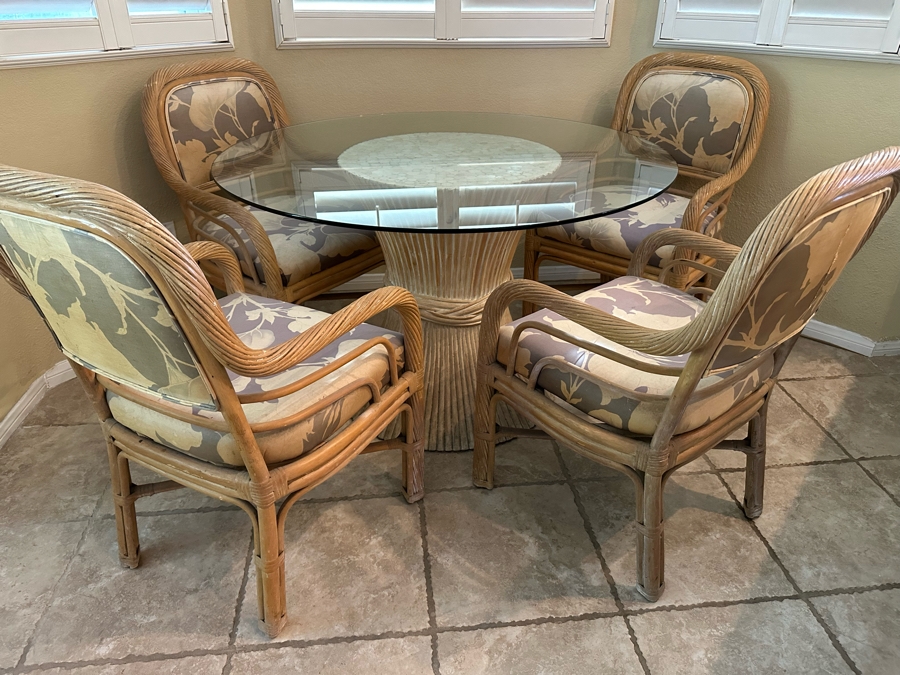 McGuire Style Sheaf Of Wheat Rattan Dining Table Base With Glass Top 48R And Four Matching chairs (need reupholstering) [Photo 3]