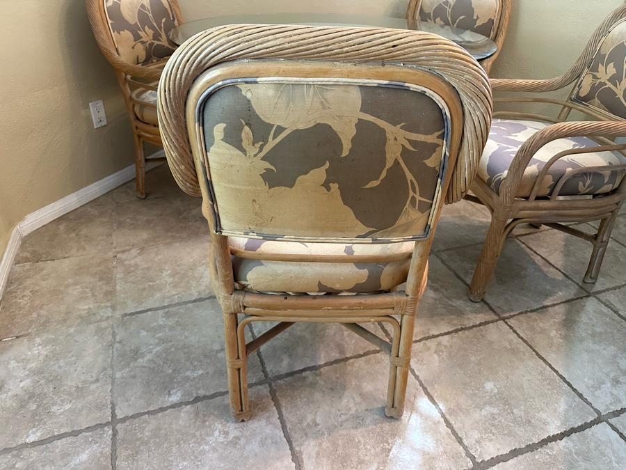 McGuire Style Sheaf Of Wheat Rattan Dining Table Base With Glass Top 48R And Four Matching chairs (need reupholstering) [Photo 9]