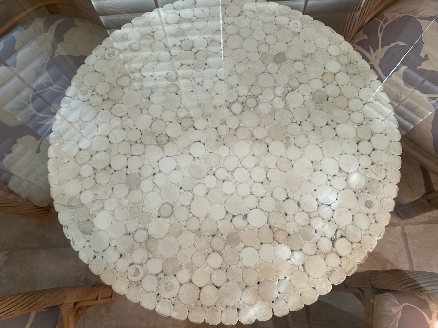 McGuire Style Sheaf Of Wheat Rattan Dining Table Base With Glass Top 48R And Four Matching chairs (need reupholstering) [Photo 7]