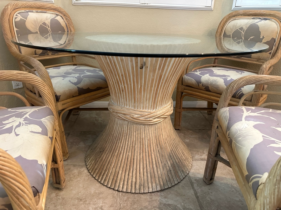McGuire Style Sheaf Of Wheat Rattan Dining Table Base With Glass Top 48R And Four Matching chairs (need reupholstering) [Photo 6]