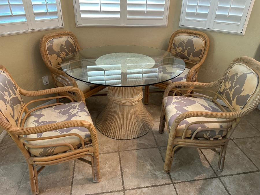 McGuire Style Sheaf Of Wheat Rattan Dining Table Base With Glass Top 48R And Four Matching chairs (need reupholstering) [Photo 4]