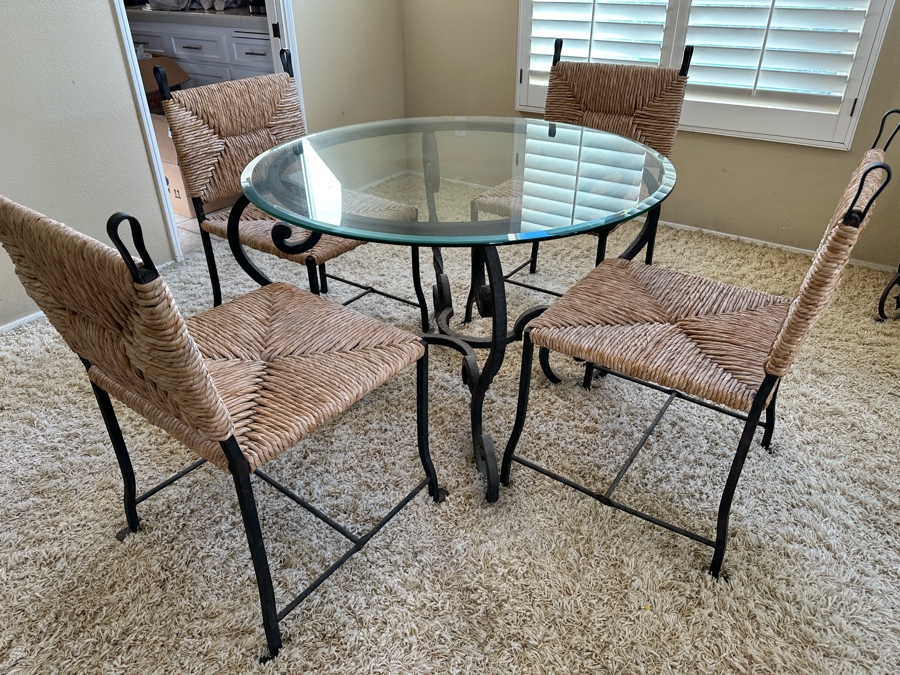 Wrought Iron Base Dining Table With Glass Top 42R X 29.5H And Four Matching Dining Chairs