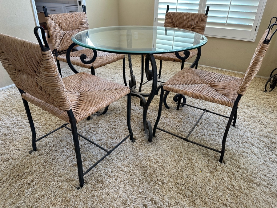 Wrought Iron Base Dining Table With Glass Top 42R X 29.5H And Four Matching Dining Chairs [Photo 3]