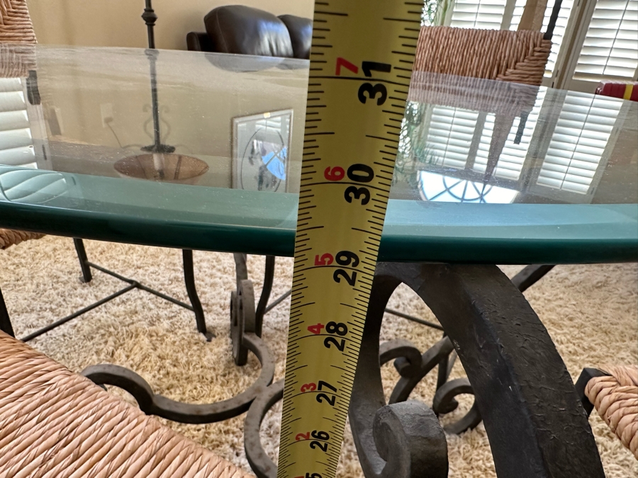 Wrought Iron Base Dining Table With Glass Top 42R X 29.5H And Four Matching Dining Chairs [Photo 9]