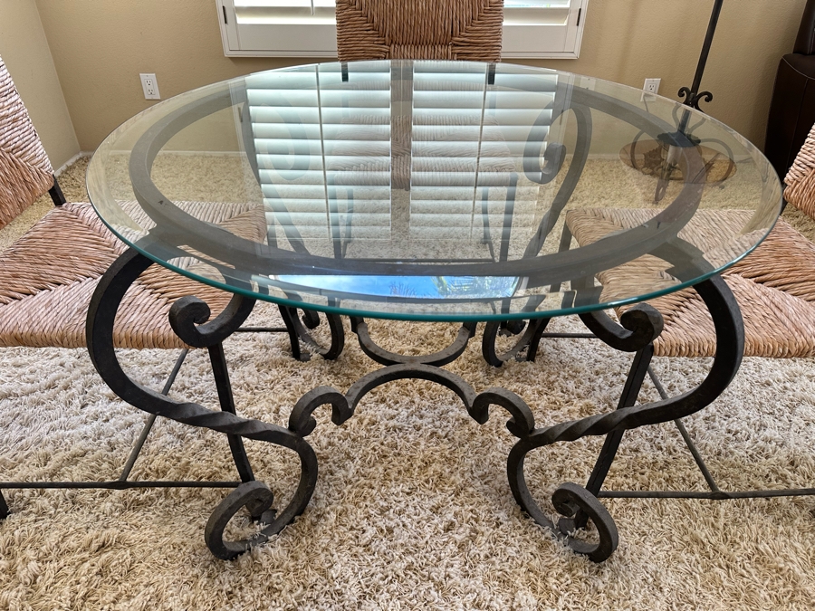 Wrought Iron Base Dining Table With Glass Top 42R X 29.5H And Four Matching Dining Chairs [Photo 4]