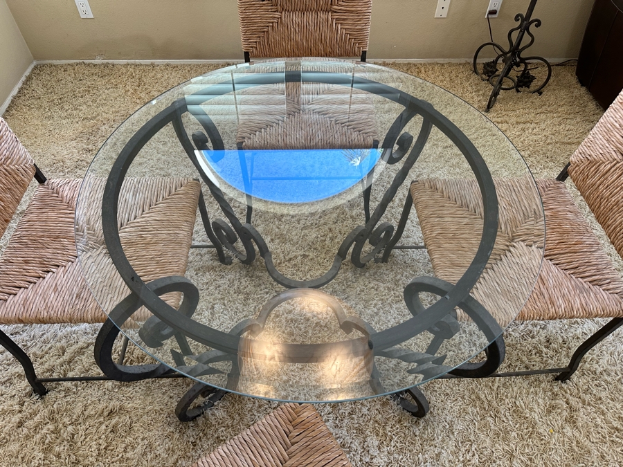 Wrought Iron Base Dining Table With Glass Top 42R X 29.5H And Four Matching Dining Chairs [Photo 7]