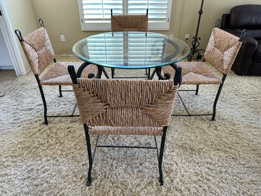 Wrought Iron Base Dining Table With Glass Top 42R X 29.5H And Four Matching Dining Chairs [Photo 2]