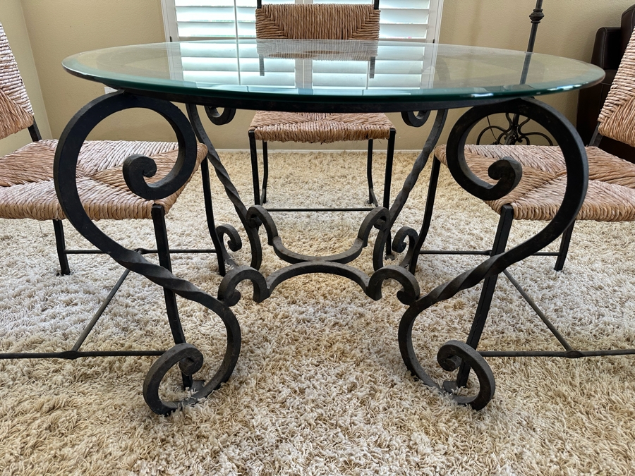 Wrought Iron Base Dining Table With Glass Top 42R X 29.5H And Four Matching Dining Chairs [Photo 5]