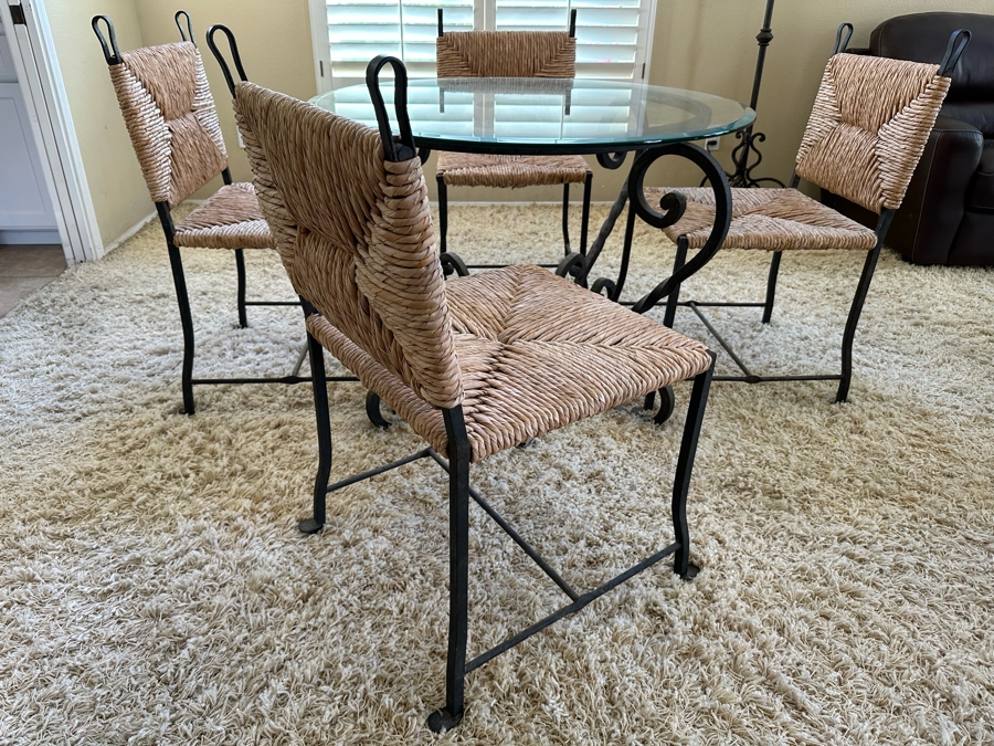 Wrought Iron Base Dining Table With Glass Top 42R X 29.5H And Four Matching Dining Chairs [Photo 6]
