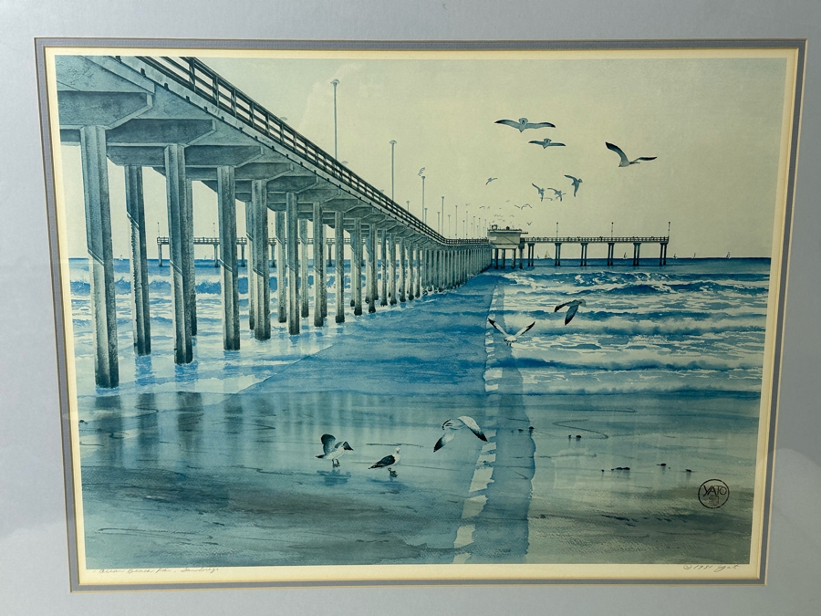 Hand Signed John Yato Print Titled 'Ocean Beach Pier, San Diego' Dated 1981 24 X 18 Framed 30 X 24 [Photo 1]