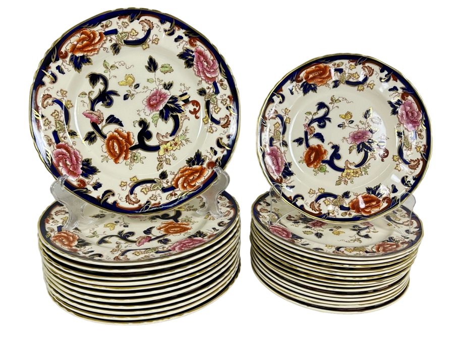 Mason's Ironstone Mandalay Pattern Blue Multicolor China Plates 12 X 10.5R (Dinner Plates) & 15 X 9R (Luncheon Plates) Made In England Replacements Value $1,950 [Photo 1]