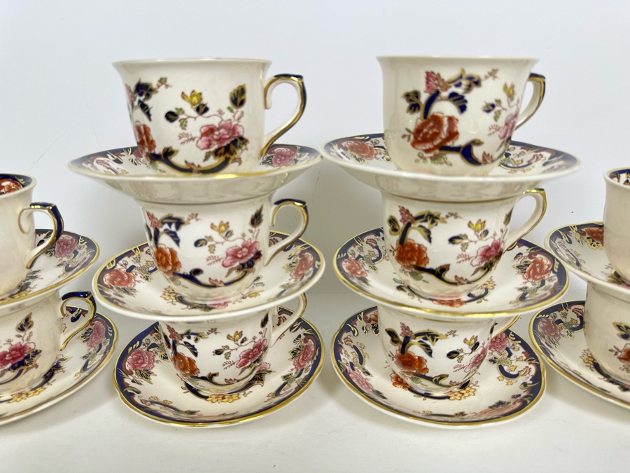 Mason's Ironstone Mandalay Pattern Blue Multicolor (10) Flat Cups & Saucers Made In England Replacements Value $1,090 [Photo 3]