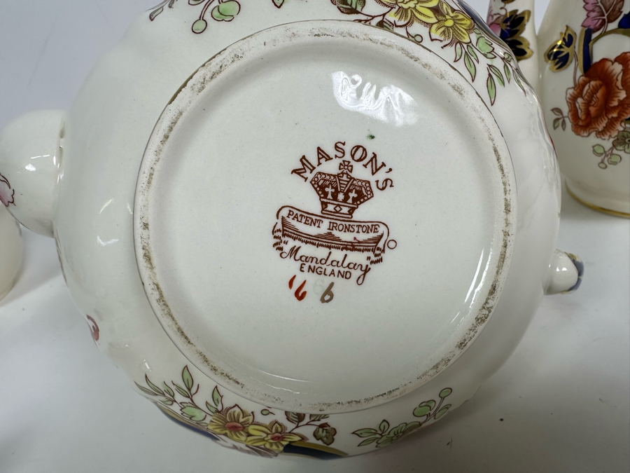 Mason's Ironstone Mandalay Pattern Blue Multicolor Coffee Pot 10H, Teapot 6.75H, Creamer & Sugar Bowl Made In England [Photo 11]