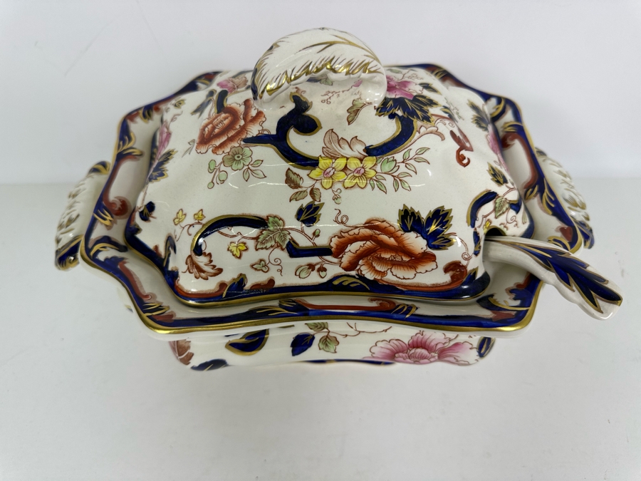 Mason's Ironstone Mandalay Pattern Blue Multicolor Oval Soup Tureen 9W X 9.5H With Ladle Made In England Replacements Value $530 [Photo 2]