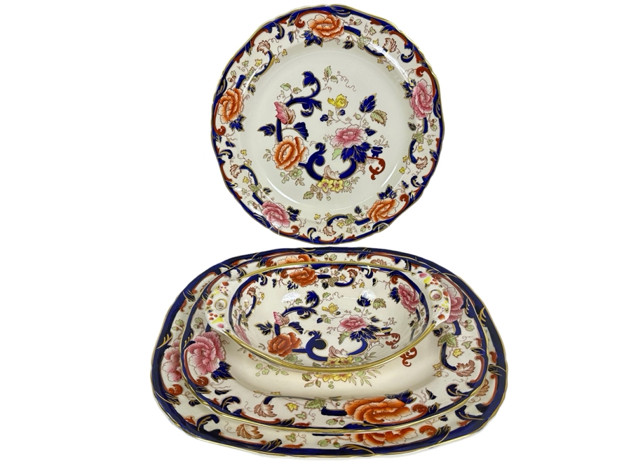Mason's Ironstone Mandalay Pattern Blue Multicolor Charger Plate 12.75, Platter 15.25, Platter 13.25 & Handled Dish 11.25 Made In England