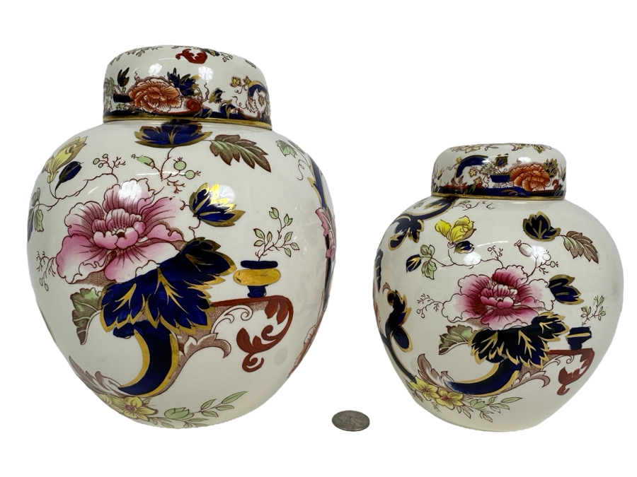 Mason's Ironstone Mandalay Pattern Blue Multicolor Pair Of Lidded Jars 9H & 7H Made In England