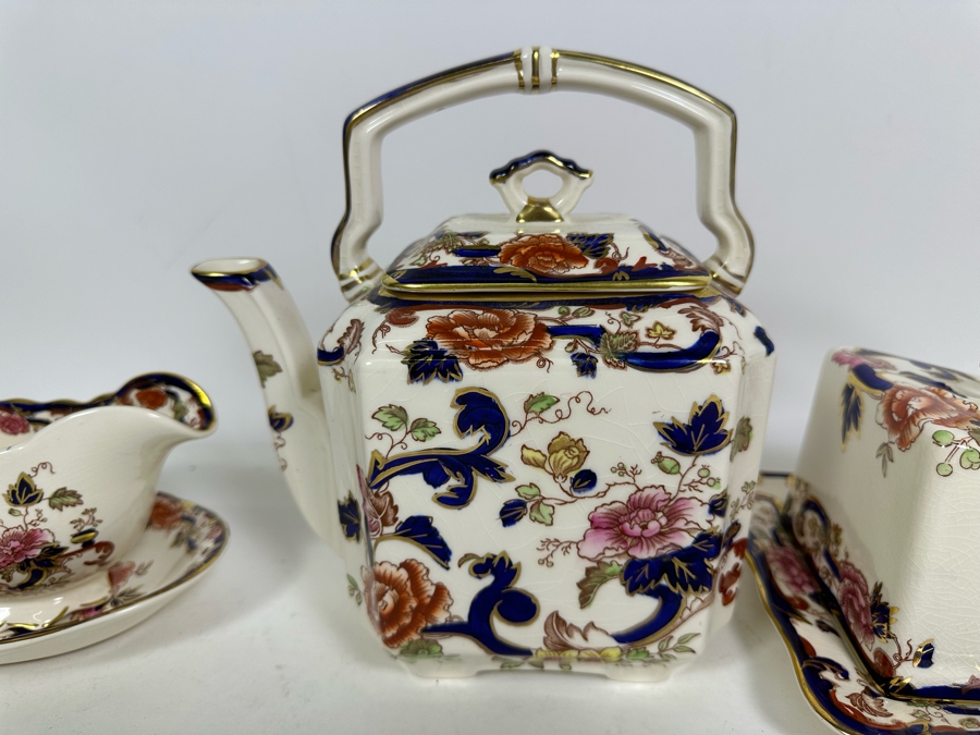 Mason's Ironstone Mandalay Pattern Blue Multicolor Gravy Boat With Underplate, Mini Teapot & Cheese Dish With Lid (Wedge) Made In England Replacements Value $558 [Photo 2]