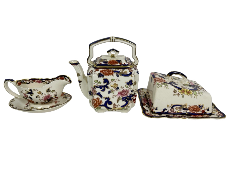 Mason's Ironstone Mandalay Pattern Blue Multicolor Gravy Boat With Underplate, Mini Teapot & Cheese Dish With Lid (Wedge) Made In England Replacements Value $558
