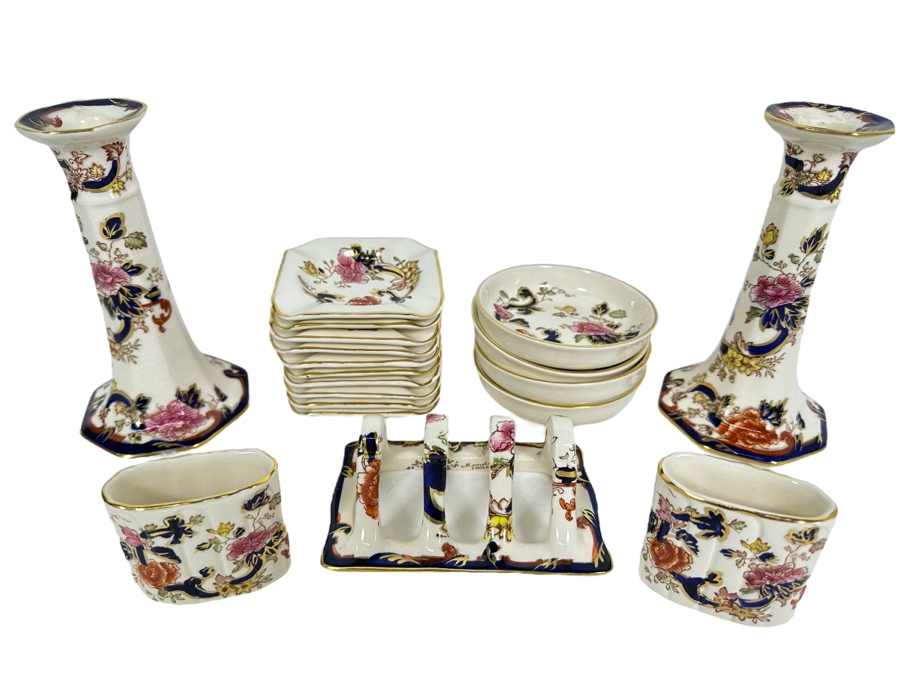Mason's Ironstone Mandalay Pattern Blue Multicolor Pair Of Candlesticks, (10) Ashtrays, Pair Of Cigarette Holders, (4) Small Dishes And Toast Server Made In England