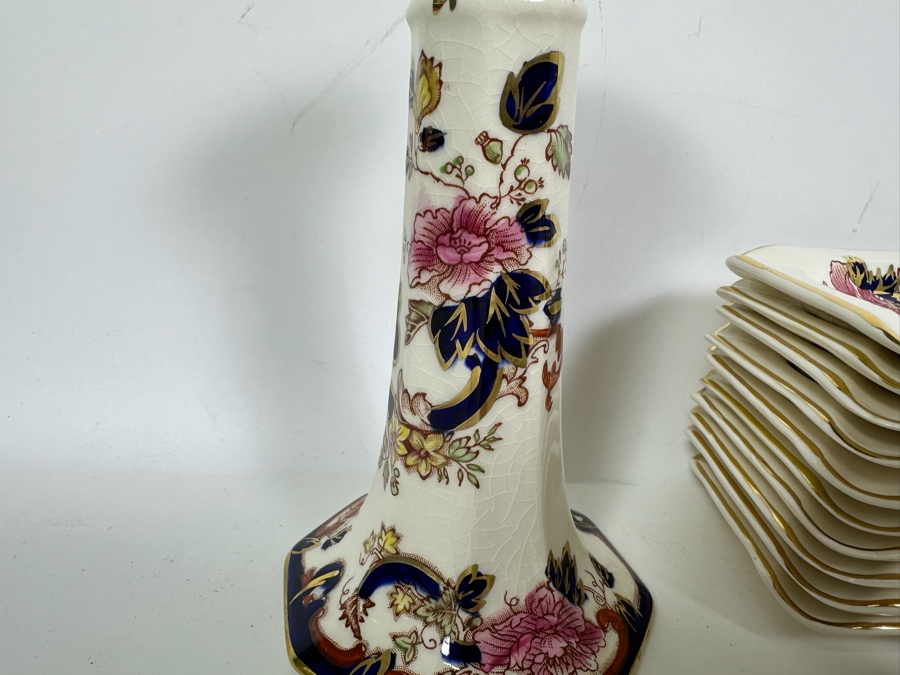 Mason's Ironstone Mandalay Pattern Blue Multicolor Pair Of Candlesticks, (10) Ashtrays, Pair Of Cigarette Holders, (4) Small Dishes And Toast Server Made In England [Photo 7]